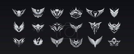 Wing emblem set, elegant and dynamic logo concept collection with feature sharp angles for graphic novels, sports teams, cutting-edge design. Vector icons 