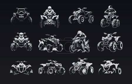 Illustration for ATV icon set. Monochrome four-wheel hand-drawn label collection evokes adventure and speed, ideal for vintage and retro-inspired logo design, t-shirt print. Vector illustration. - Royalty Free Image