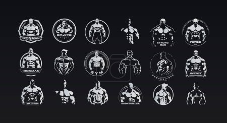 Ilustración de Potentes iconos de atletas musculares para logos de GYM. Figura masculina silueta para fitness, culturismo y diseños relacionados con la salud. Estética atlética moderna. ilustraciones vectoriales - Imagen libre de derechos
