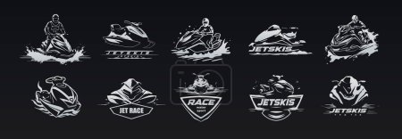 Illustration for Jetski icons set. Energetic retro black and white silhouette icons for a modern, sporty label. Transport, speed, and adrenaline in every vector emblem. Vector illustration - Royalty Free Image