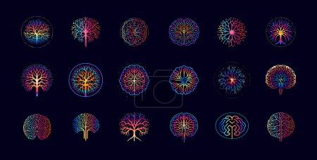 Ensemble d'icônes de réseau neuronal cérébral, représentant la connexion des neurones, logo abstrait couleur vibrante pour les marques de science et de biotechnologie, IA, santé et technologie médicale. Illustration vectorielle.