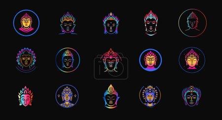 Illustration for Spiritual face logo design, colorful deity silhouette. Budha and Shiva head icons set for yoga and relaxation, faith, and culture. Vector logo collection. - Royalty Free Image