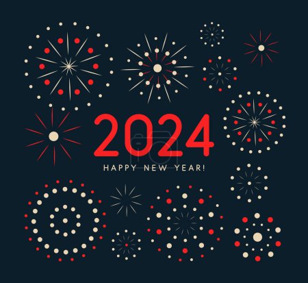 Feux d'artifice explosifs et éclats radieux de couleur avec des chiffres du Nouvel An 2024. Parfait pour les invitations de fête du Nouvel An et les bannières festives. Illustration vectorielle