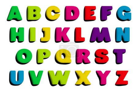 3D colorful alphabet, playful learning font. Bold, vibrant letters for kids literacy development, preschool classrooms, early reading, writing activities. Flat vector illustration.