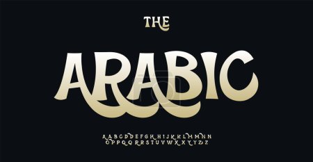 Ilustración de Alfabeto de dibujos animados caprichoso, caligrafía árabe opulenta, letras de oro, tipo cómico elegante para logotipos encantadores, titulares atractivos, diseño decorativo. Tipo de vector - Imagen libre de derechos