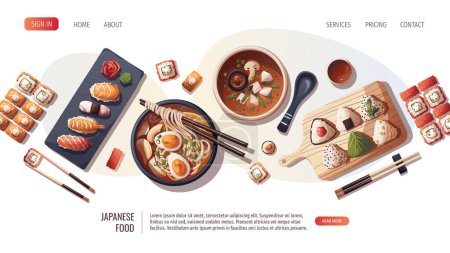 Japanese food website with Sushi, Miso soup, ramen, onigiri, dango, mochi, matcha tea. Japanese food, healthy eating, cooking, menu concept. Vector illustration.