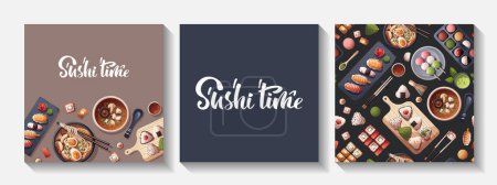 Téléchargez les illustrations : Cartes alimentaires japonaises avec Sushi, soupe Miso, ramen, onigiri, dango, mochi, thé matcha. Nourriture japonaise, saine alimentation, cuisine, concept de menu. Illustration vectorielle. - en licence libre de droit