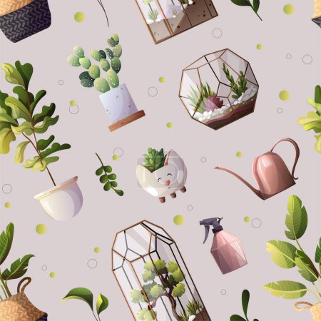 seamless pattern with potted succulents and other green plants, vector illustration