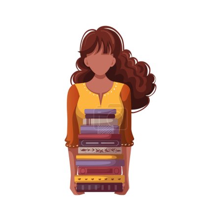 Téléchargez les illustrations : Woman holding stack of books. Bookstore, bookshop, library, book lover, bibliophile, education concept. Isolated vector illustration for poster, banner, advertising. - en licence libre de droit