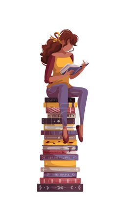 Woman sitting on the stack of books and reading. Bookstore, bookshop, library, book lover, bibliophile, education concept. Isolated vector illustration.