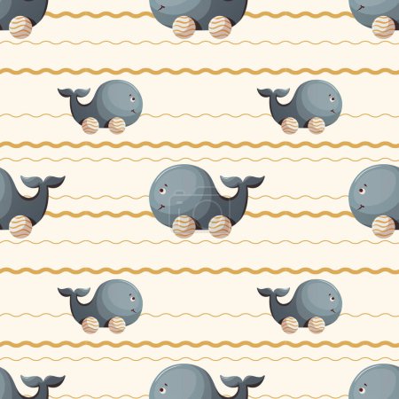 Illustration for Seamless pattern with wooden whale push toys. Children's toys, kid's shop, playing, childhood concept. Vector illustration. - Royalty Free Image