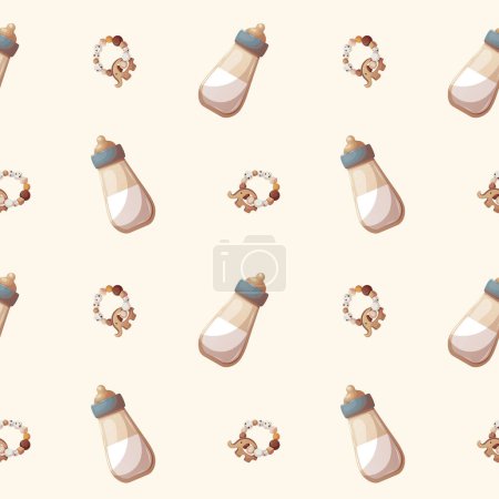Illustration for Seamless pattern with baby bottles and Wooden teether bracelets. Newborn, Childbirth, Baby care, babyhood, childhood, motherhood concept. Vector illustration. - Royalty Free Image