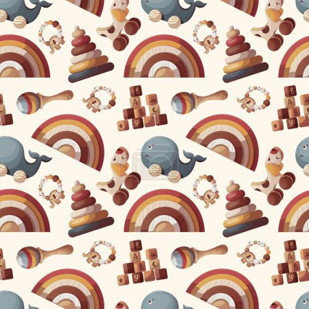 Illustration for Seamless pattern Wooden push toys, baby's pyramids, rainbows, blocks, rattles. Children's toys, kid's shop, playing, childhood concept. Vector illustration. - Royalty Free Image