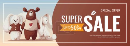 Illustration for Banner design with teddy bear and plush bunnies. Children's toys, kid's shop, playing, childhood, baby care concept. Vector illustration for sale, banner, flyer. - Royalty Free Image