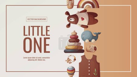 Illustration for Banner design with push toys, teddy bear, plush bunnies, baby clothes. Children's toys, kid's shop, playing, childhood, baby showerconcept. Vector illustration for sale, banner, flyer. - Royalty Free Image