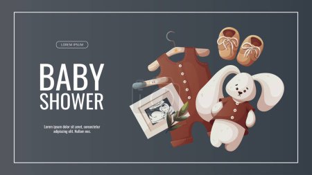 Illustration for Banner design with plush toy, ultrasound baby picture, positive pregnancy test, baby bodysuit and booties. Baby waiting, pregnancy, sonogram concept. Vector illustration for sale, flyer, banner. - Royalty Free Image