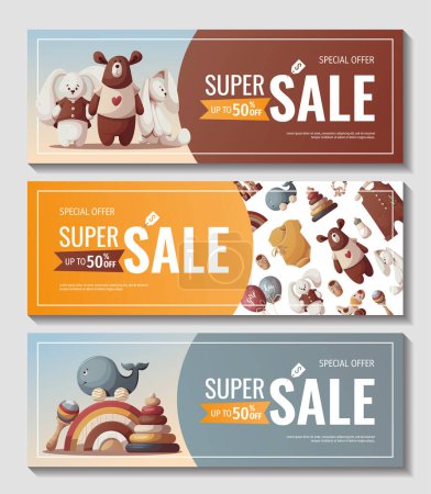Illustration for Set of banners with push toys, teddy bears, plush bunnies, baby clothes. Children's toys, kid's shop, playing, childhood, baby care concept. Vector illustration for poster, banner, flyer, sale. - Royalty Free Image