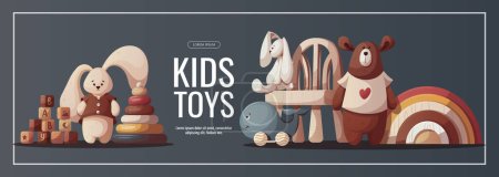 Illustration for Banner design with push toys, pyramid, teddy bear, plush bunnies. Children's toys, kid's shop, playing, childhood, baby care concept. Vector illustration for sale, banner, flyer. - Royalty Free Image