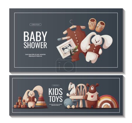 Illustration for Set of banners with push toys, teddy bear, plush bunnies, baby clothes. Children's toys, kid's shop, playing, childhood, baby care concept. Vector illustration for poster, banner, flyer, sale. - Royalty Free Image