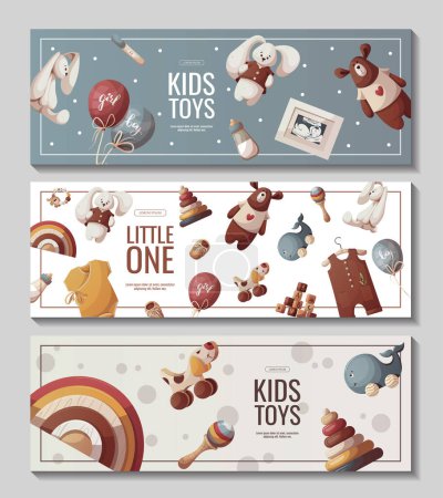 Set of banners with push toys, teddy bears, plush bunnies, baby clothes. Children's toys, kid's shop, playing, childhood, baby care concept. Vector illustration for poster, banner, flyer, sale.