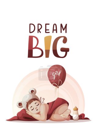 Illustration for Card with baby girl sleeping in hat with ears. Handwritten text. Newborn, Childbirth, Baby care, babyhood, childhood, infancy concept. Vector illustration for card, postcard, cover. - Royalty Free Image