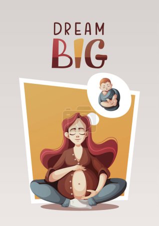Illustration for Card with Pregnant woman thinking about baby boy. Motherhood, Parenthood, Pregnancy concept. Vector Illustration for card, postcard, cover. - Royalty Free Image