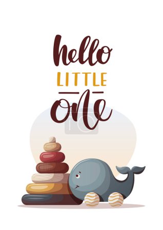 Illustration for Card with wooden whale push toy and baby's wooden pyramid. Children's toys, kid's shop, playing, childhood concept. Vector Illustration for card, postcard, cover. - Royalty Free Image
