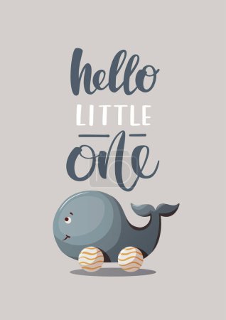 Illustration for Card with wooden whale push toy and handwritten text. Children's toys, kid's shop, playing, childhood concept. Vector Illustration for card, postcard, cover. - Royalty Free Image