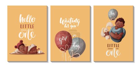 Illustration for Set of cards with sleeping newborn kids, toys, balloons. Newborn, Childbirth, Baby care, babyhood, childhood, infancy concept. Vector illustration for postcard, card, cover. - Royalty Free Image
