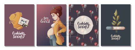 Illustration for Set of cards with pregnant woman, ultrasound baby picture, positive pregnancy test. Motherhood, Pregnancy, Childbirth, baby waiting, babyhood concept. Vector Illustration for poster, card, postcard. - Royalty Free Image