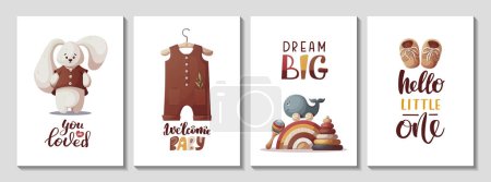 Illustration for Set of cards with wooden whale push toy, rainbow and baby's pyramid. Children's toys, kid's shop, playing, childhood concept. Vector Illustration for card, postcard, cover. - Royalty Free Image