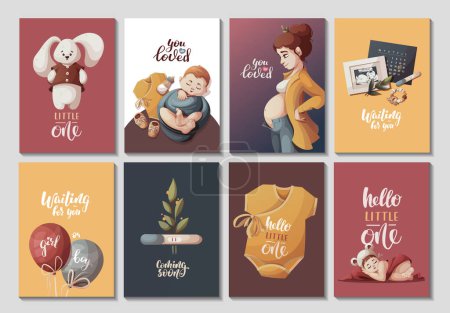 Illustration for Set of cards with pregnant women, newborn babies, baby toys. Motherhood, Pregnancy, Childbirth, baby waiting, babyhood concept. Vector Illustration for poster, card, postcard, cover. - Royalty Free Image
