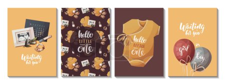 Illustration for Set of cards with ultrasound baby pictures, positive pregnancy tests, bodysuits. Handwritten text. Baby waiting, Newborn, Childbirth concept. Vector illustration for card, postcard, cover. - Royalty Free Image