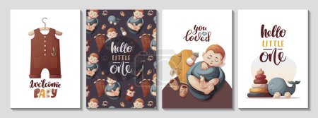 Illustration for Set of cards with swaddled baby boy, toys, bodysuits. Handwritten text. Newborn, Childbirth, Baby care, babyhood, childhood, infancy concept. Vector illustration for card, postcard, cover. - Royalty Free Image