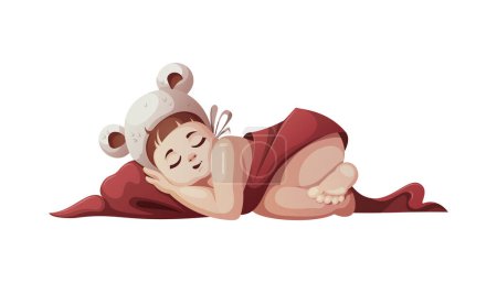 Illustration for Baby girl sleeping in hat with ears. Newborn, Childbirth, Baby care, babyhood, childhood, infancy concept. Isolated vector illustration. - Royalty Free Image