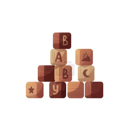 Baby wooden blocks with letters. Children's toys, kid's shop, playing, childhood concept. Isolated vector illustration.