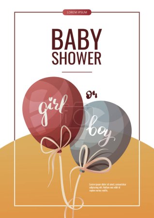 Illustration for Flyer design with blue and pink balloons with words "boy" and "girl" on it. Gender party, Baby waiting, pregnancy concept. A4 vector illustration for poster, banner, flyer, advertising. - Royalty Free Image
