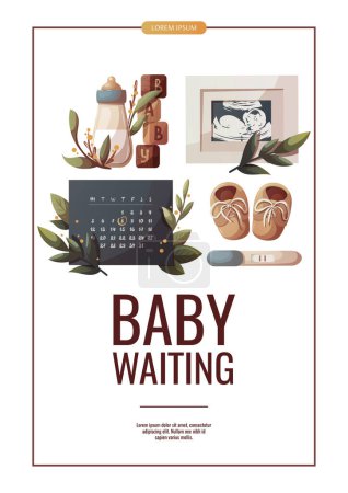 Illustration for Flyer design with monthly calendar, ultrasound baby picture, positive pregnancy test, baby bottle. Baby waiting, pregnancy, sonogram concept. A4 vector illustration for poster, flyer, banner. - Royalty Free Image