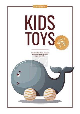 Illustration for Flyer design with wooden whale push toy. Children's toys, kid's shop, playing, childhood concept. A4 vector illustration for poster, banner, flyer, advertising. - Royalty Free Image