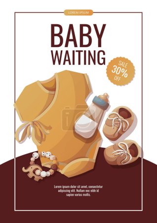 Illustration for Flyer design with baby bodysuit, shoes and baby bottle. Baby clothes store, baby waiting, pregnancy, childbirth concept. A4 vector illustration for poster, flyer, banner, advertising. - Royalty Free Image