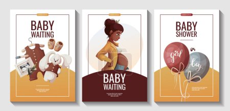 Set of Flyers with pregnant woman, romper, plush bunny, ultrasound baby picture. Motherhood, Pregnancy, baby shower, baby waiting concept. A4 vector illustration for poster, banner, advertising.
