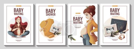 Illustration for Set of flyers with pregnant women, baby clothes, monthly calendar, ultrasound baby picture, Positive pregnancy test. Motherhood, Pregnancy, baby waiting concept. A4 Vector illustrations. - Royalty Free Image