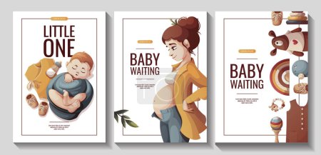 Illustration for Set of flyers with pregnant woman, newborn baby boy, baby clothes and toys. Motherhood, Pregnancy, Childbirth, baby waiting, baby store concept. A4 vector Illustration for poster, banner, flyer. - Royalty Free Image