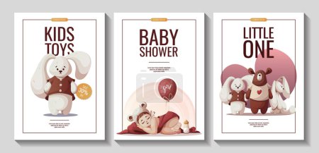 Illustration for Set of flyers with newborn baby girl, teddy bear, plush bunnies. Motherhood, Pregnancy, baby waiting, baby care, childbirth concept. A4 Vector Illustrations for poster, banner, flyer, advertising. - Royalty Free Image