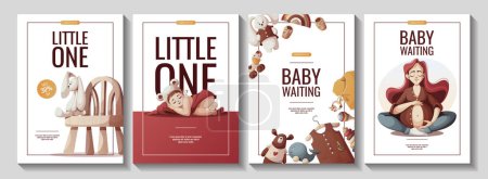 Illustration for Set of flyers with pregnant woman, newborn baby girl, toys. Motherhood, Pregnancy, baby waiting, baby shower, childbirth concept. Vector Illustration for poster, banner, flyer, advertising. - Royalty Free Image