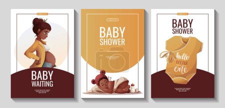 Illustration for Set of flyers with pregnant woman, newborn baby girl, bodysuit. Motherhood, Pregnancy, Childbirth, baby waiting, baby shower concept. A4 Vector Illustration for poster, banner, flyer, advertising. - Royalty Free Image