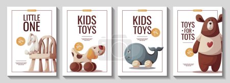 Illustration for Set of flyers with teddy bear, plush bunny, wooden whale and dog. Children's toys, kid's shop, playing, childhood concept. A4 Vector Illustration for poster, banner, flyer, advertising. - Royalty Free Image