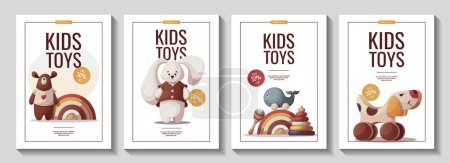 Illustration for Set of flyers with wooden toys, teddy bear, plush bunny. Children's toys, kid's shop, playing, childhood concept. A4 Vector Illustrations for poster, banner, sale, flyer, cover. - Royalty Free Image