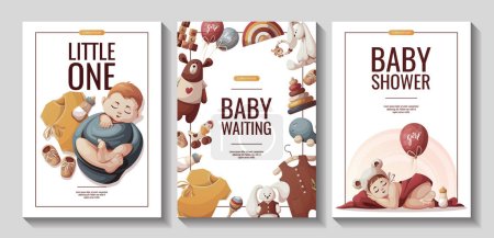 Illustration for Set of flyers with Sleeping newborn kids, toys, baby clothes and baby bottle. Newborn, Childbirth, Baby shower, babyhood, childhood concept. A4 vector illustrations for poster, banner, flyer. - Royalty Free Image