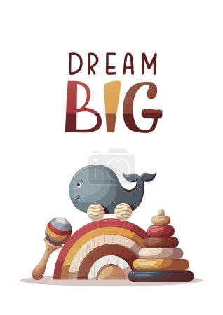 Illustration for Card with wooden whale push toy, rainbow and baby's pyramid. Children's toys, kid's shop, playing, childhood concept. Vector Illustration for card, postcard, cover. - Royalty Free Image